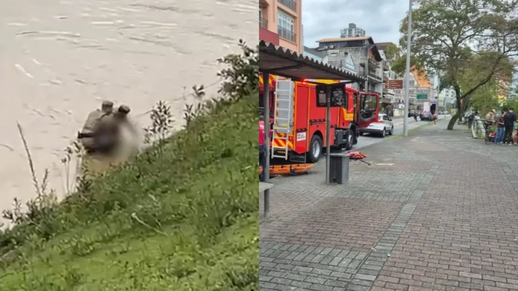 Sem colete ou boia, policiais entram no Itajaí-Açu e salvam mulher em Blumenau Sem colete ou boia, policiais entram no Itajaí-Açu e salvam mulher em Blumenau
