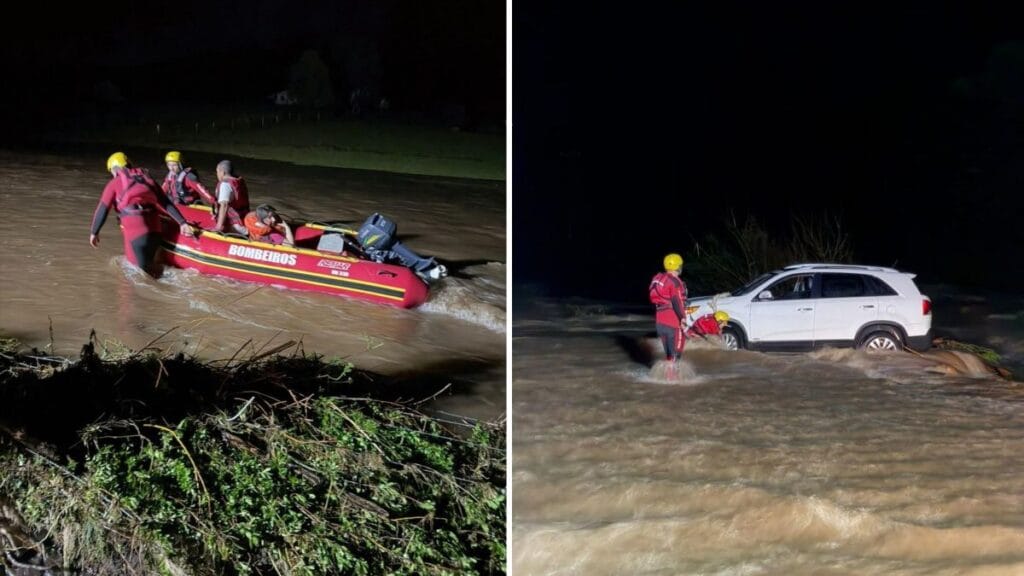 Carro é arrastado por enxurrada e bombeiros resgatam vítimas de bote em SC Carro é arrastado por enxurrada e bombeiros resgatam vítimas de bote em SC